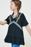 G7890-BLACK Embroidered Ruffle Hem Tunic Top Alternate Angle