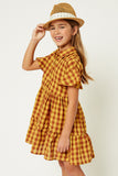 G8263-MUSTARD Gingham Ruffle Mini Dress Front Side