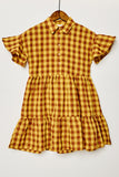 G8263-MUSTARD Gingham Ruffle Mini Dress Front Falt