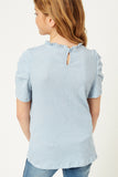 G9246-BLUE Ruffle High Neck Puff Sleeve Top Back