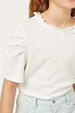 G9246-OFF WHITE Ruffle High Neck Puff Sleeve Top Front Detail