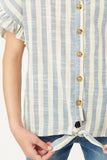 G9275-BLUE Stripe Linen Button-Down Top Front Detail