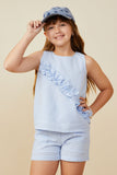 GB0093 Blue Girls Ruffle Detail Seersucker Gingham Sleeveless Top Front