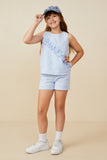 GB0093 Blue Girls Ruffle Detail Seersucker Gingham Sleeveless Top Pose