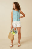 GDK1909 Blue Girls Patterned Button Detail Knit Tank Full Body