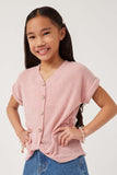 GDN4632 PINK Girls Textured Knit Buttoned Twist Front Top Front