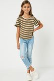 GJ1072 OLIVE Girls Stripe V-Neck Ruffle Tee Full Body