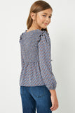 GJ3096 Blue Girls Smocked Ruffled Long Sleeve Blouse Back