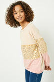 GJ3132 Ivory Girls Long Sleeve Gold Leopard Panel Top Side