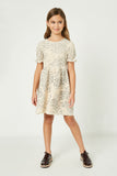 GJ3154 Cream Girls Textured Lurex Leopard Ruffled Dress Full Body