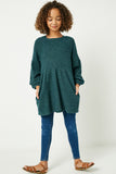 GJ3172 Hunter Green Girls Ribbed Raglan Long Sleeve Mini Dress Full Body