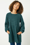 GJ3172 Hunter Green Girls Ribbed Raglan Long Sleeve Mini Dress Front