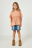 GJ3197 Salmon Girls Ruffle Detail Peplum Knit Top Full Body