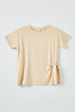 GJ3252 TAN Girls Side Ribbon Tie T Shirt Side