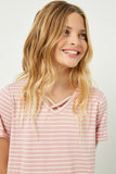 GJ3291 Pink Girls Stripe Strappy V Neck Top Close Up