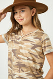 GJ3294 Taupe Girls Camo V Neck Criss Cross T Shirt Side