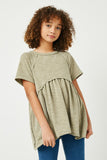 GJ3320 Olive Girls Short Sleeve Raw Edge Knit Peplum Top Front