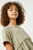 GJ3320 Olive Girls Short Sleeve Raw Edge Knit Peplum Top Close Up