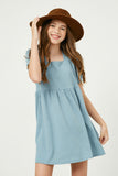 GJ3324 Light Blue Girls Textured Rib Square Neck Knit Tunic Dress Front