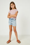 GJ3330 LIGHT_DENIM Girls Frayed Distressed Denim Shorts Full Body