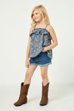 GJ3331 Blue Girls Smocked Floral Print Ruffle Top Full Body