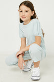 GJ3344 Blue Girls Puff Sleeve Ribbed Jumpsuit Sitting Pose