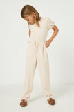 GJ3344 Blush Girls Puff Sleeve Ribbed Jumpsuit Pose