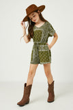 GJ3373 Olive Girls Bandana Print Pocket Knit Romper Full Body