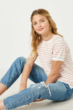 GJ3414 PINK Girls Banded Knit Stripe Raglan Tee Pose