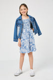 GJ3499 BLUE Girls Knit Paisley Print Smocked Midi Dress Full Body