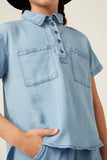 GK1010 LIGHT DENIM Girls Washed Tencel Pocketed Collared Shirt Detail