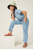 GK1011 LIGHT DENIM Girls Washed Tencel Elastic Waist Wideleg Pants Pose