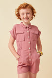 GK1013 Pink Girls Elastic Detail Button Up Collared Romper Front