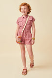 GK1013 Pink Girls Elastic Detail Button Up Collared Romper Full Body