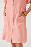 GK1021 CORAL Girls Textured Button Detailed Mandarin Collar Dress Detail