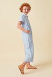 GK1035 BLUE Girls Print Block Collared Button Up Jumpsuit Side