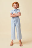 GK1035 BLUE Girls Print Block Collared Button Up Jumpsuit Full Body 2