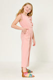 GK1069 PINK Girls Ruffled Placket Wideleg Sleeveless Jumpsuit Side