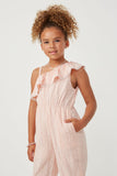 GK1100 Pink Girls Lace Trim Ruffled One Shoulder Geometric Print Jumpsuit Front