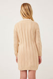 GK1120 Beige Girls Cable Detail V Neck Buttoned Longline Sweater Cardigan Back