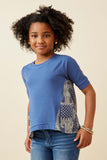 GK1160 Blue Girls Contrast Printed Princess Seam Mix Media Top Front