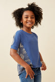 GK1160 Blue Girls Contrast Printed Princess Seam Mix Media Top Side