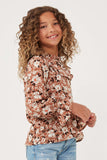 GK1171 BROWN Girls Floral Print Ruffled Collar Top Side