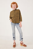 GK1191 Olive Girls Garment Dyed Tencel Button Up Shirt Full Body