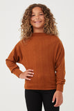 GK1215 Brown Girls Textured Zipper Detail Long Sleeve Knit Top Front