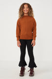 GK1215 Brown Girls Textured Zipper Detail Long Sleeve Knit Top Full Body