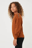 GK1215 Brown Girls Textured Zipper Detail Long Sleeve Knit Top Side