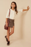 GK1299 BROWN Girls Button Detail Brushed Checkered Skort Full Body