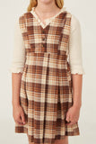 GK1305 Brown Girls Button Detail V Neck Brushed Plaid Skirtall Detail