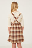 GK1305 Brown Girls Button Detail V Neck Brushed Plaid Skirtall Back